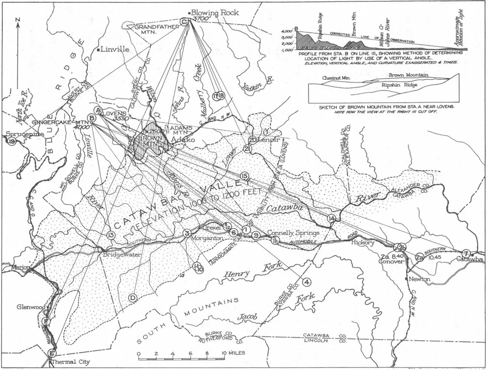 A 1922 survey map of the Catawba Valley with straight sight lines drawn from observation points toward Brown Mountain