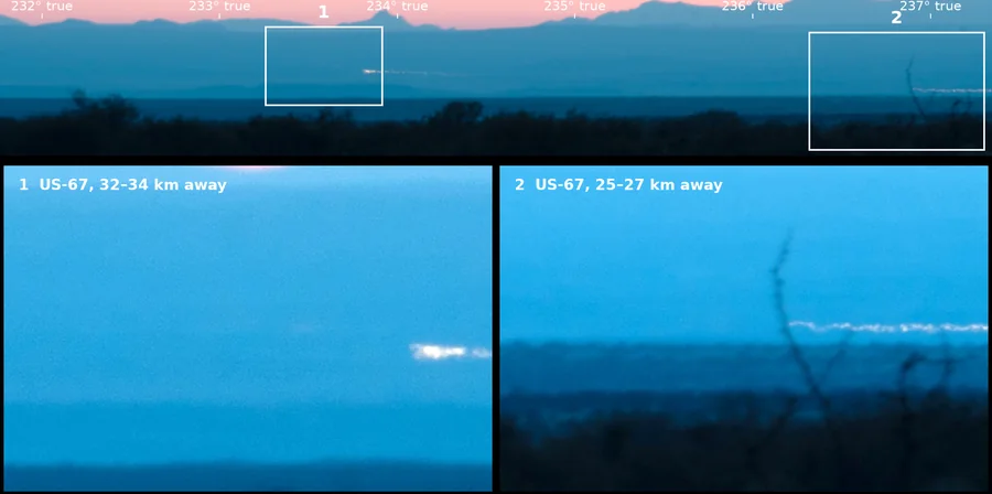 The same view 13 minutes later in a 45-second exposure: two white streaks of light run along the road on the far flat, with close-ups below