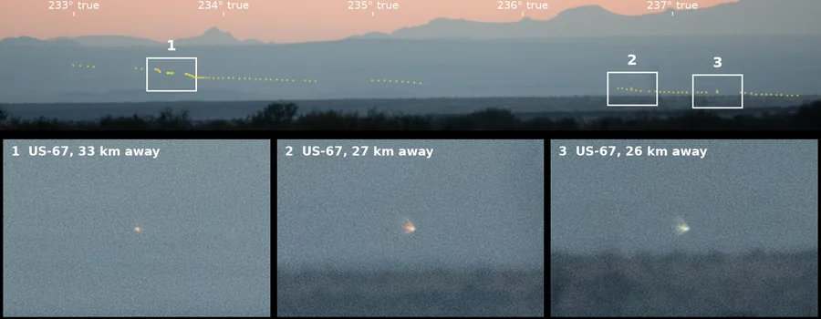 Telephoto view from the Viewing Area at dusk: the Chinati Mountains skyline, a hazy blue flat, and three tiny points of light marked 1 to 3, with close-ups below showing each as a small warm-white dot